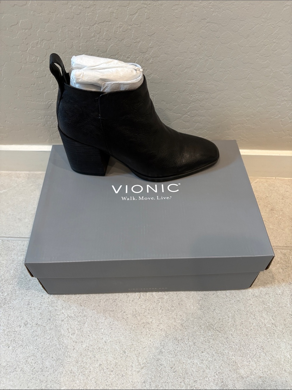 Vionic Black Leather Ankle Bootie with Block Heel